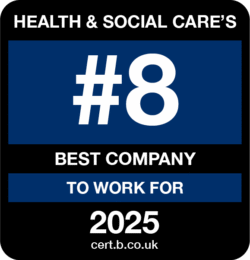 Graphic displaying a badge that reads: ‘Health & Social Care’s #8 Best Company to Work For 2025’ with the website cert.b.co.uk.