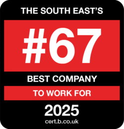 Graphic showing a badge that reads: ‘The South West’s #67 Best Company to Work For 2025’ with the website cert.b.co.uk.
